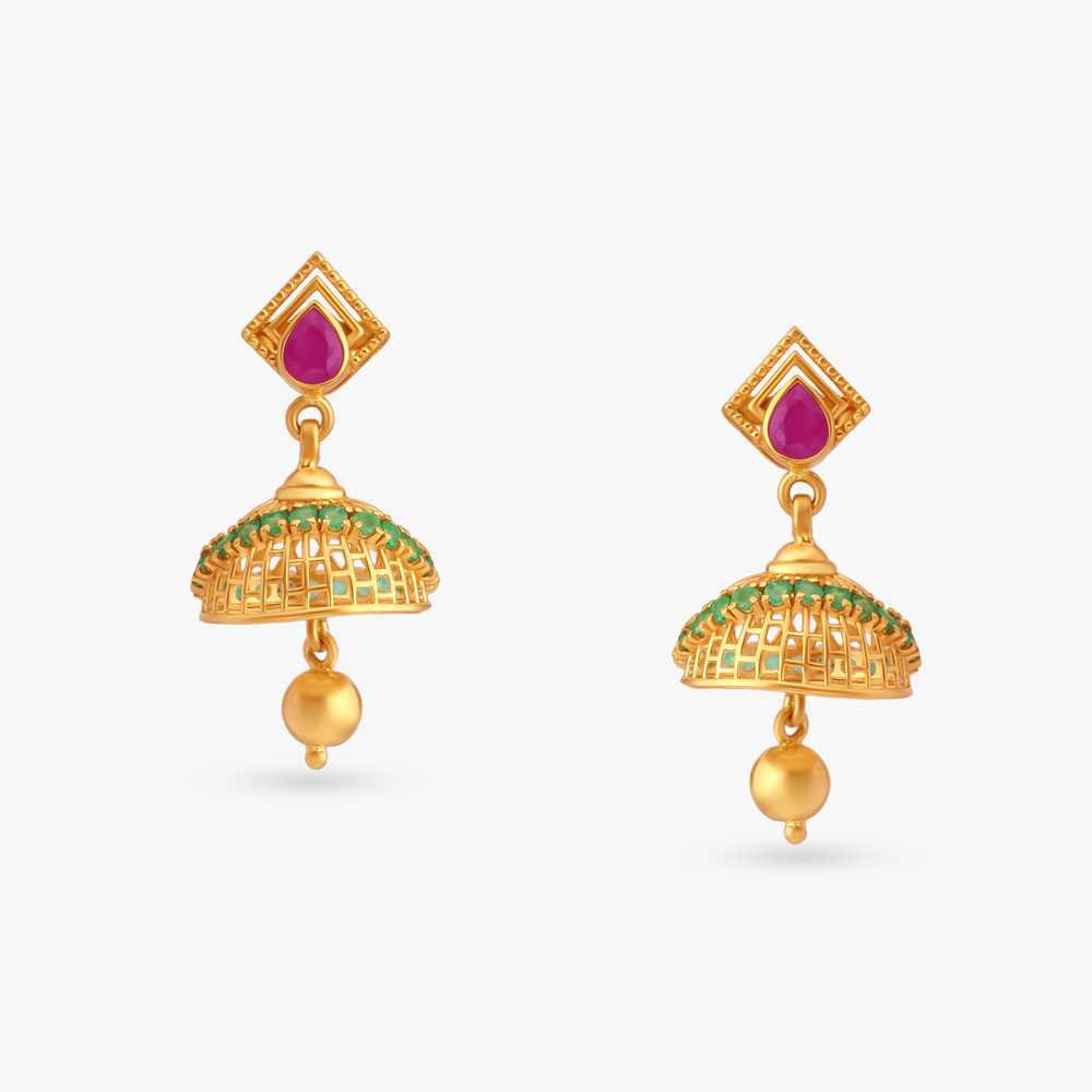 Luminous Ruby Emerald and Diamond Jhumkas,,hi-res image number null