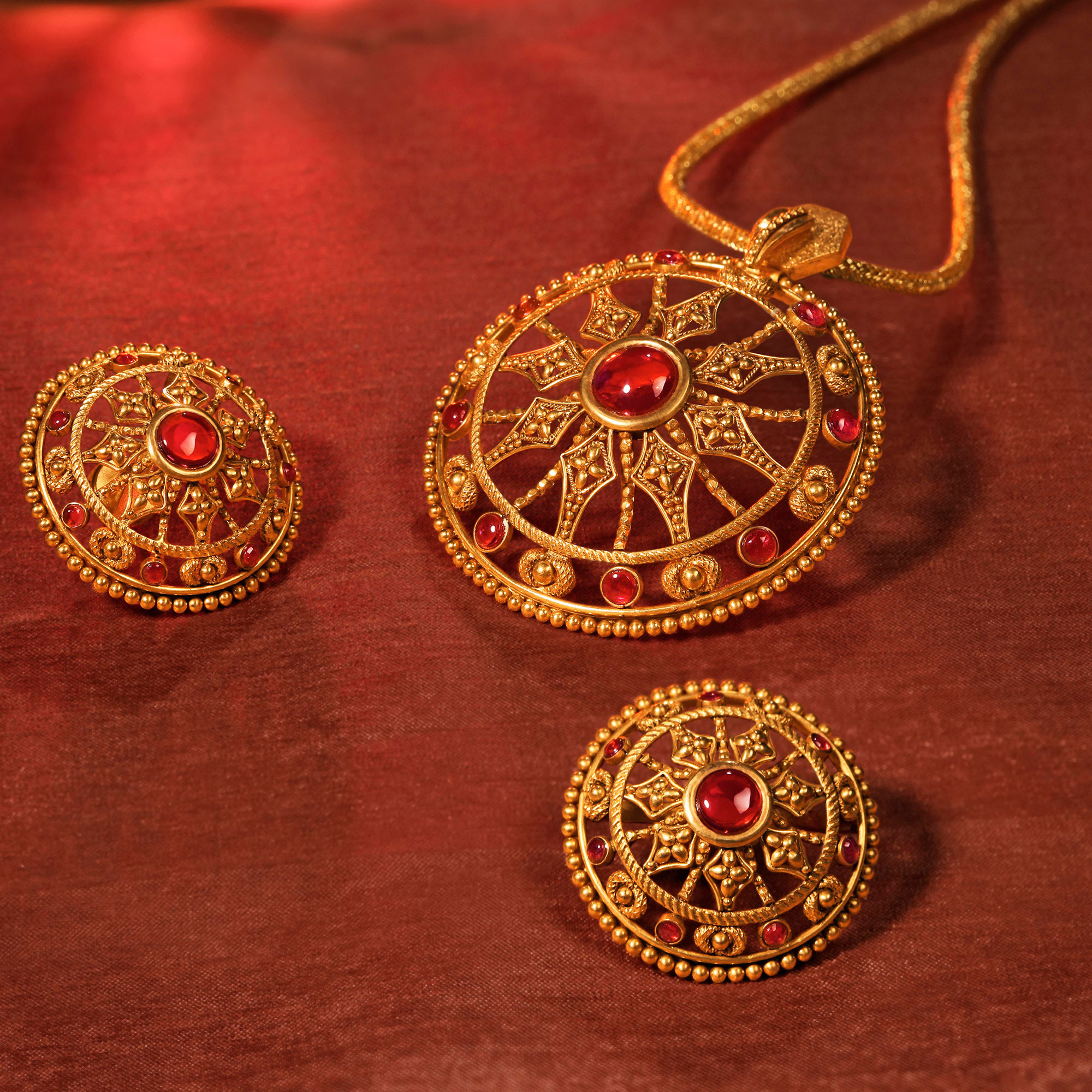 Glamorous Gold Pendant and Earrings Set